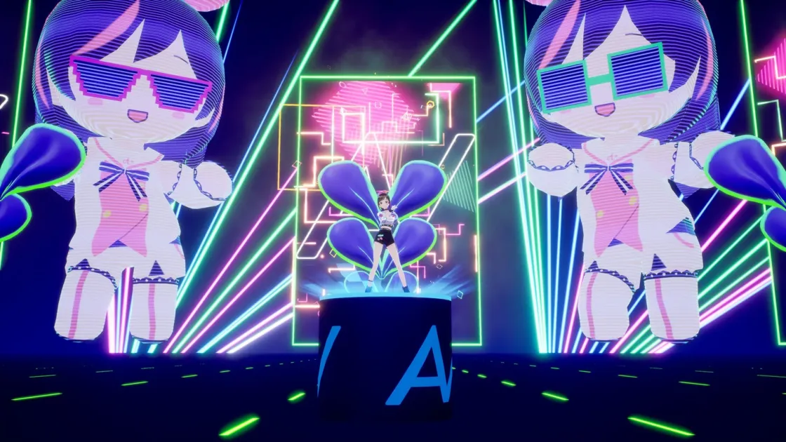 ネオン輝くステージでパフォーマンスするKizuna AI