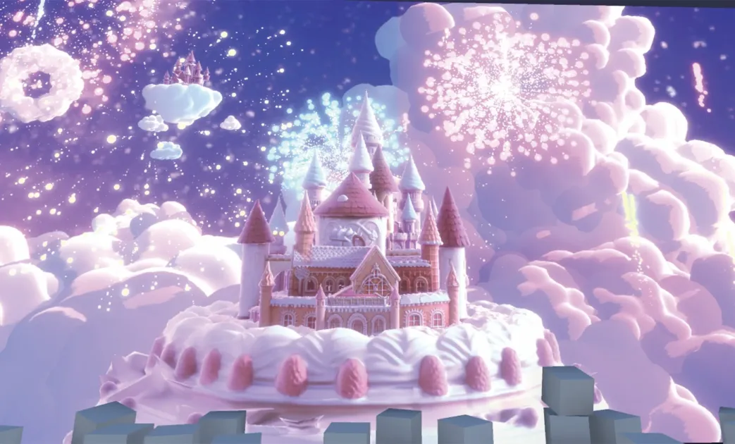 お菓子でできた城と幻想的な夜空のイメージ