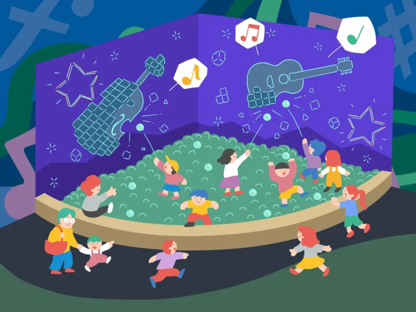 子供、遊び、ボールプール、音楽、楽器、バイオリン、ギター、音符、星、楽しい、室内、イラスト
