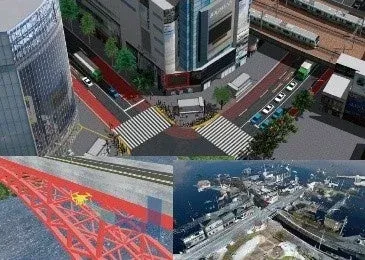 都市の交差点シミュレーション、赤いトラス橋、水没した沿岸の町