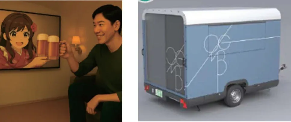 男性がテレビ画面のアニメキャラクターとビールで乾杯する様子と青い小型トレーラー