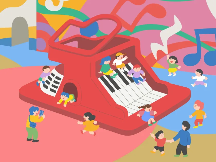 子供、遊び場、ピアノ、音楽、カラフル、イラスト、公園、楽しい、親子、滑り台