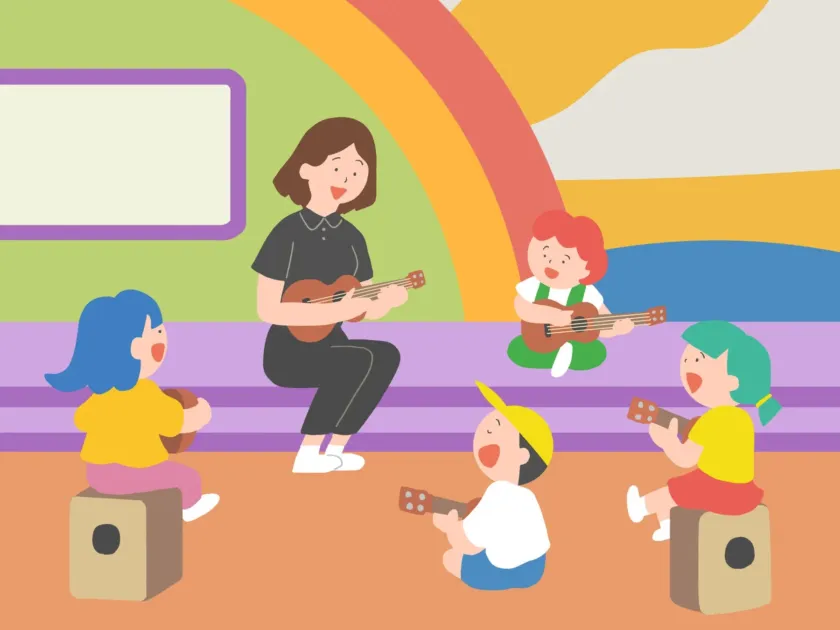 音楽、ウクレレ、子供、先生、教室、レッスン、楽器、教育、楽しい、笑顔、イラスト