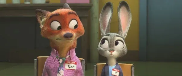 ニックとジュディが名札を付けているシーン