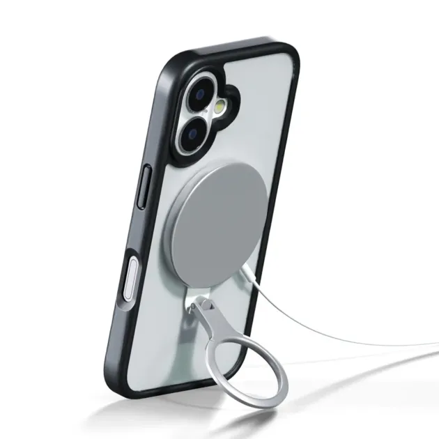 透明なスマホケースを装着したスマートフォンが写っており、背面にマグネット式のワイヤレス充電器と、リング型のスタンド兼落下防止ホルダーが取り付けられています。