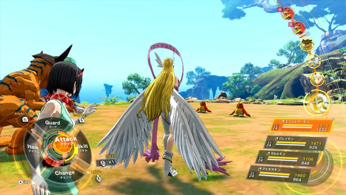 デジモンシリーズのRPGゲーム画面。翼を持つキャラクターを中心に、グレイモンやガルルモンなどのデジモンが編成され、敵と対峙している