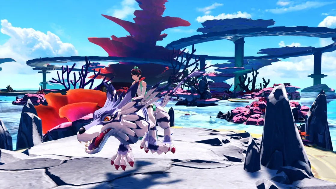 幻想的な世界で、アニメ調のキャラクターが白い獣に乗って水辺の地形を進む様子が描かれています