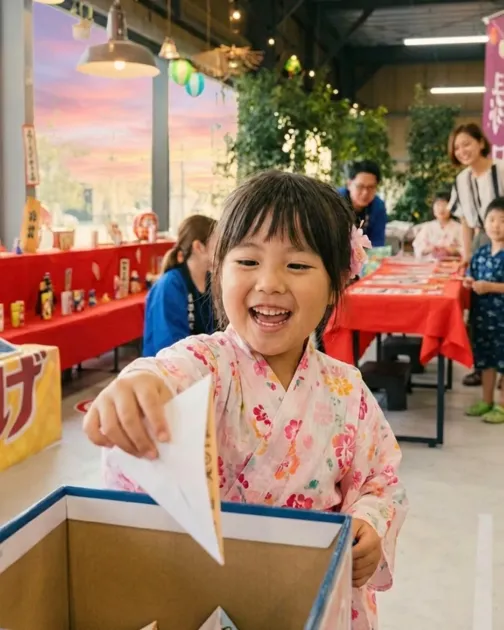 浴衣姿の女の子が縁日を楽しむ様子