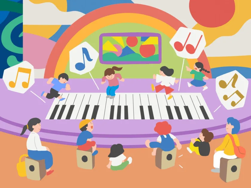 子供、音楽、ピアノ、遊び、楽しい、イラスト、教育、音符、室内、リズム、鍵盤