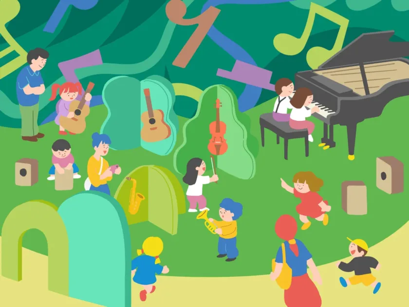 子供、音楽、楽器、演奏、ピアノ、ギター、バイオリン、トランペット、公園、遊び、イラスト