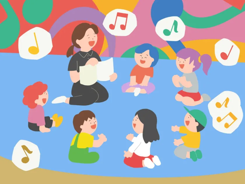 音楽、幼児教育、幼稚園、保育園、子供たち、先生、読み聞かせ、歌、遊び、笑顔、グループ、学習、室内