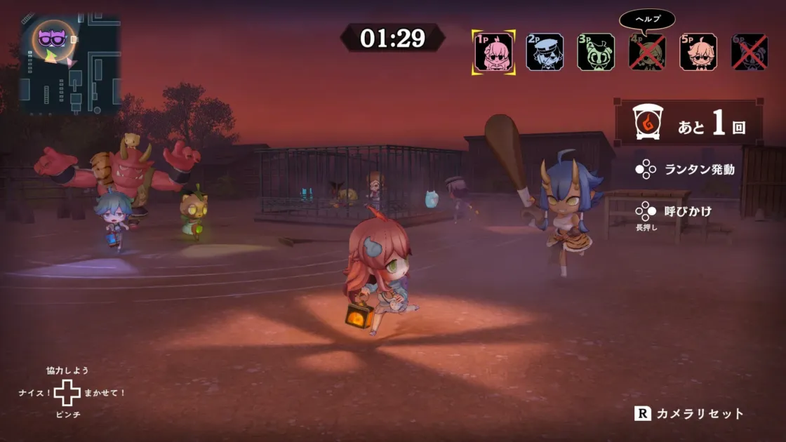 夜の屋外ステージで、デフォルメされたキャラクターたちがモンスターと対峙しているゲーム画面。