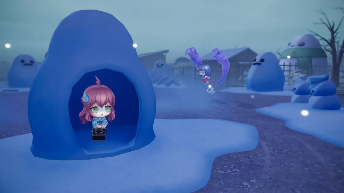 雪に覆われた幻想的な冬の風景が広がる中、青いイグルーの中にいる不安そうな表情のちびキャラと、空を舞う別のちびキャラが描かれています。