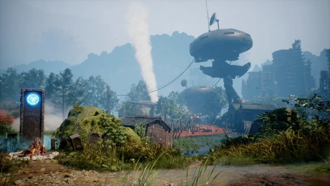 神秘的な自然風景の中に、発光する石碑と焚き火、そして荒廃した未来的な巨大構造物が混在する異世界を描いた画像