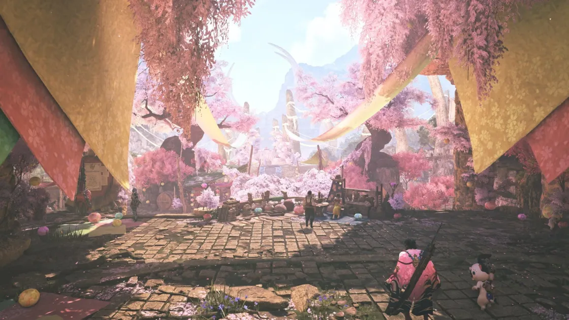 桜が咲き誇る幻想的な村の広場