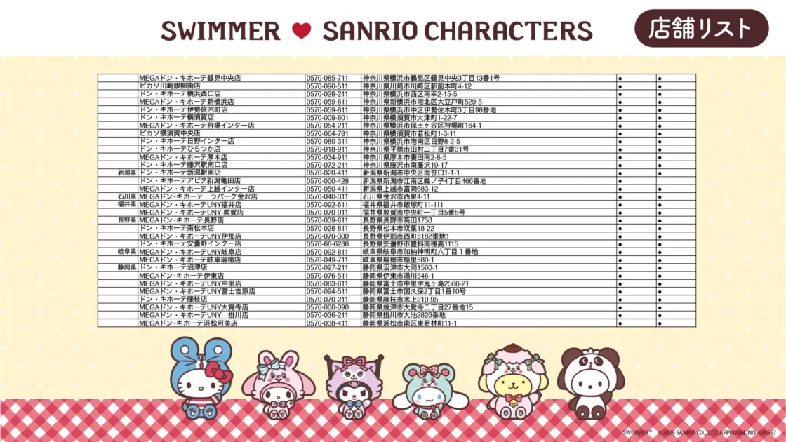 SWIMMERとサンリオキャラクターズのコラボレーション店舗リスト画像