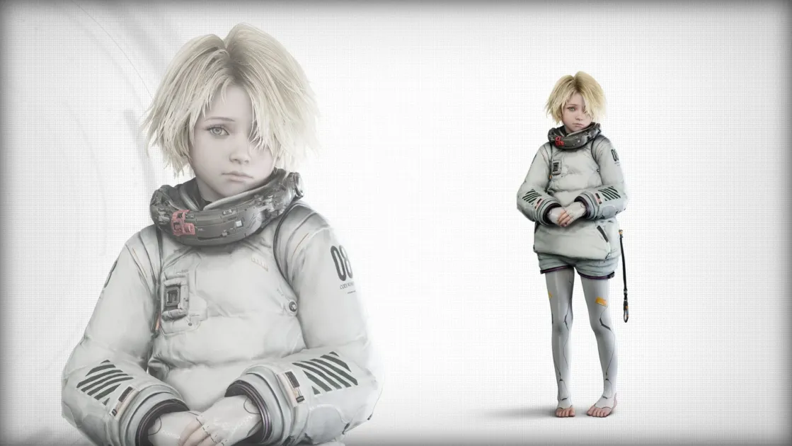 少女,ブロンドヘアー,SF,未来,キャラクター,白い服,宇宙服風,アニメ,ゲーム,寂しげ,クローズアップ,全身