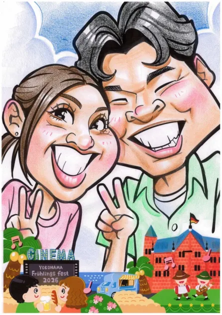 似顔絵,カップル,笑顔,ピースサイン,フェスティバル,横浜,春,ドイツ,フードトラック,音楽,建物,イラスト,イベント,フリューリングスフェスト
