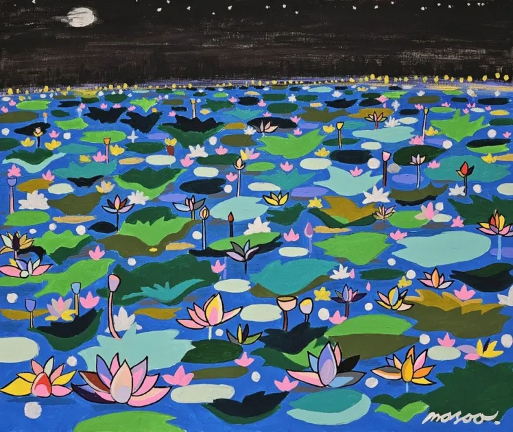 夜の蓮の御池を描いた幻想的なポップアート
