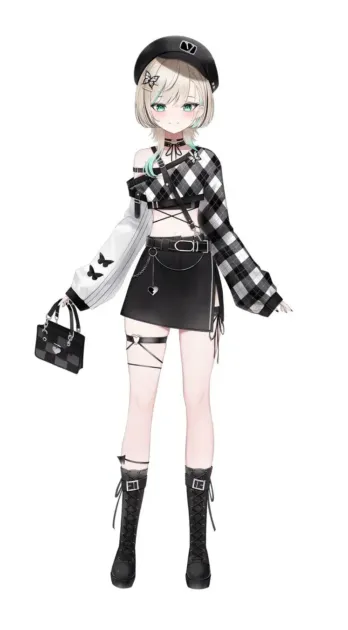 白い背景に立つ、チェック柄と黒を基調としたストリートファッションの少女