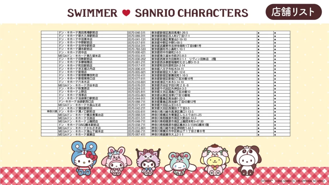 SWIMMERとSANRIO CHARACTERSのコラボレーション店舗リスト画像