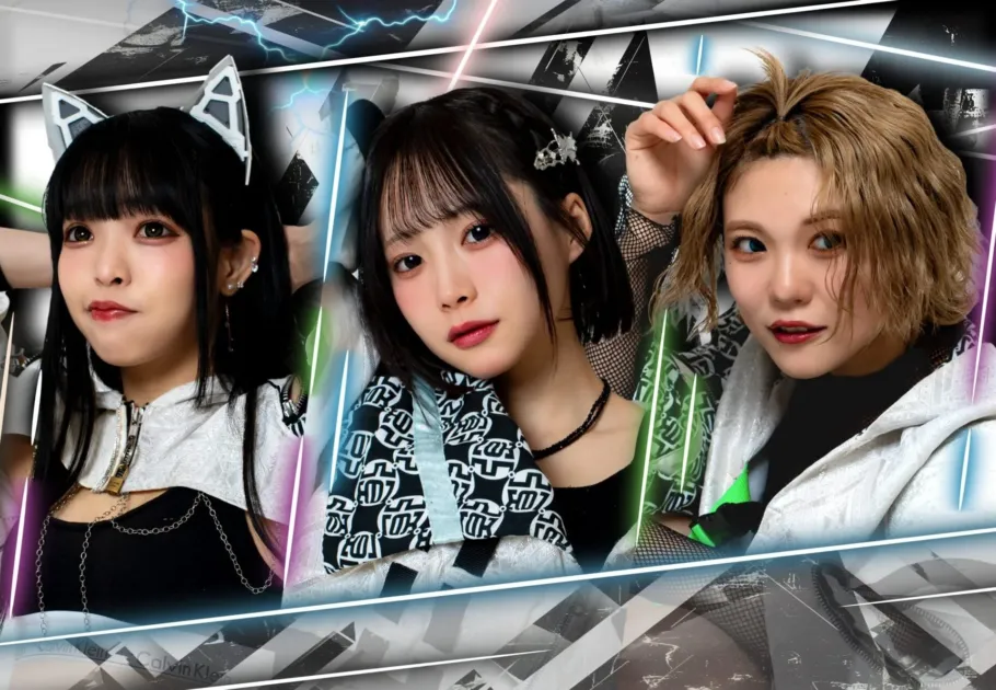 未来的な背景でポーズをとる3人の女性アイドル