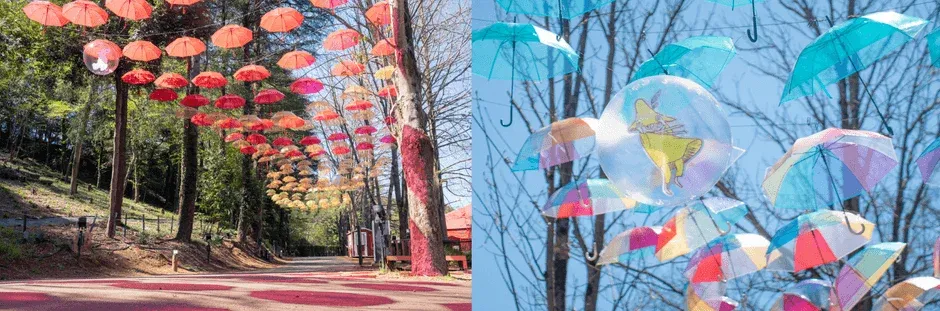 傘が吊るされた屋外装飾