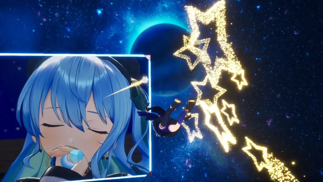 青い髪のキャラクターが輝く物体を口元に寄せ、目を閉じています。背景には広大な宇宙空間が広がり、青い惑星と金色の流れ星が幻想的な雰囲気を醸し出しています。