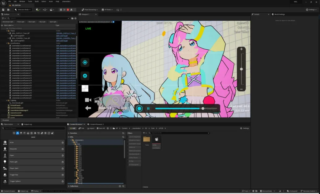 Unreal Engineでアニメキャラクターがライブプレビュー表示されている画面