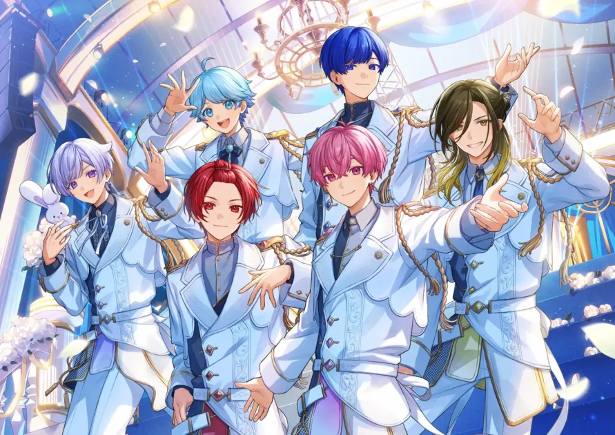 白と金色の華やかな衣装をまとった6人の男性アイドルキャラクター