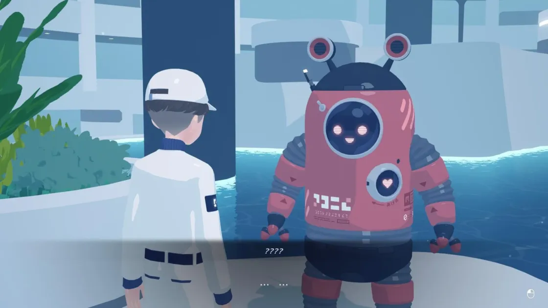 未来的な水辺でロボットと対話する人物