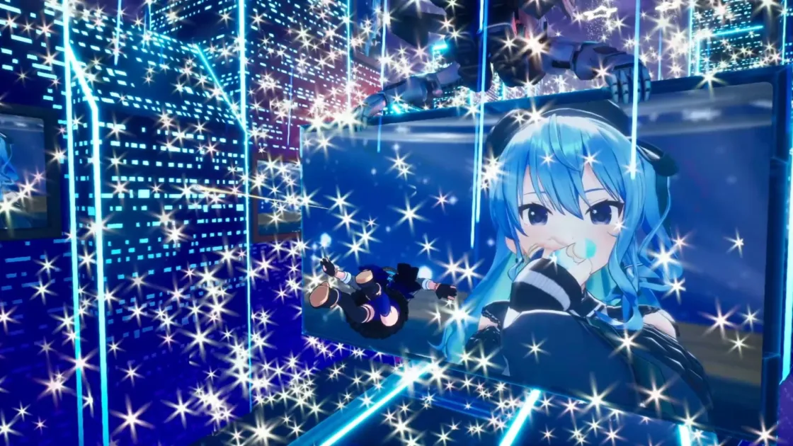 ネオン輝く未来都市のような空間で、青髪のVTuber「星街すいせい」が映し出された大型スクリーンが中心にあり、青い光と星のようなエフェクトが特徴的なサイバーパンクな雰囲気の画像です。