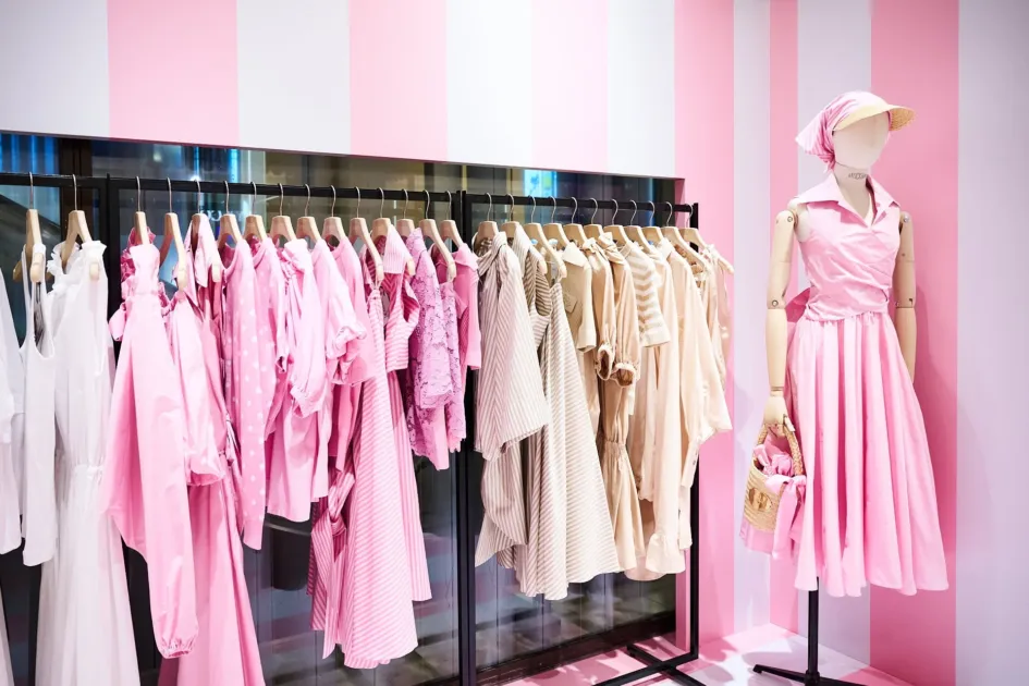 ピンクとストライプが特徴の店舗ディスプレイ