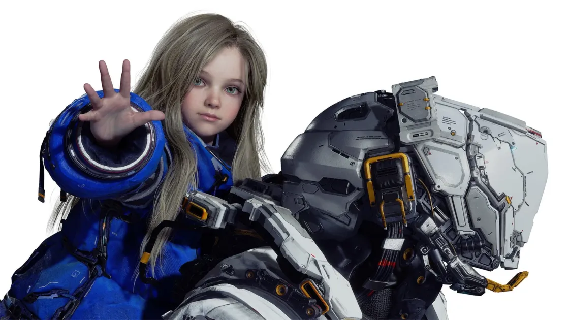 青い未来的なスーツを着た少女が、大きなロボットのような機械の隣で手を差し伸べている