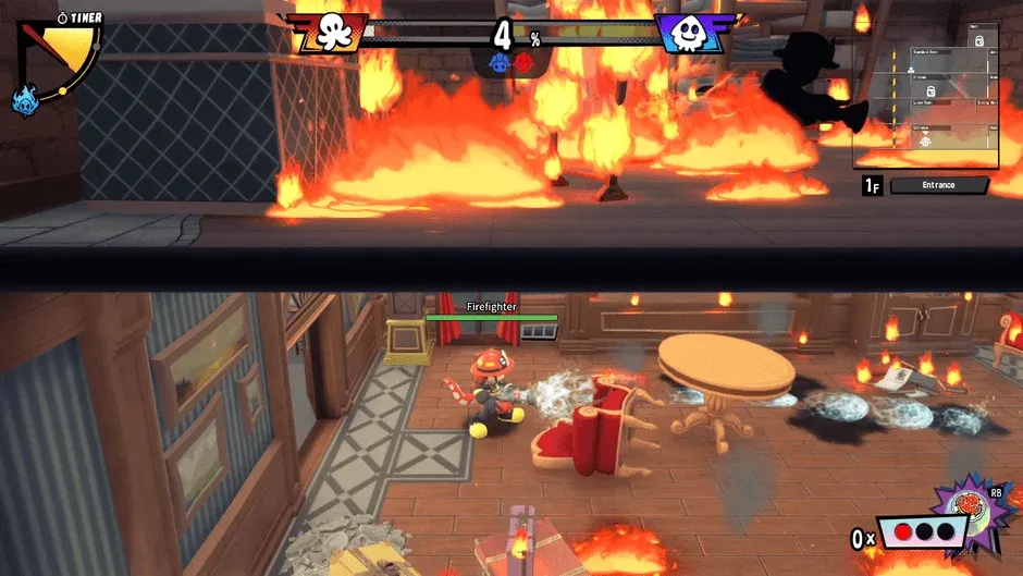 ゲームプレイ画面：消防士が消火