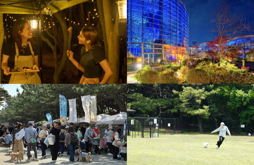 この画像は、夜のグランピング、ライトアップされた植物園のような建物、犬連れで賑わう屋外マーケット、そして犬と遊ぶ風景を捉えたコラージュです。多様なレジャーシーンが描かれています。