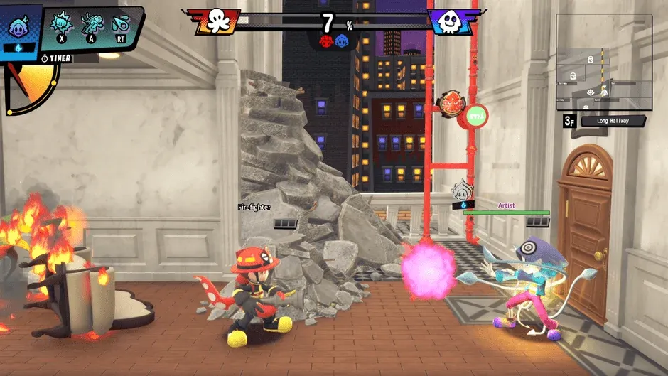 ゲームプレイ画面：消防士とアーティストが戦う