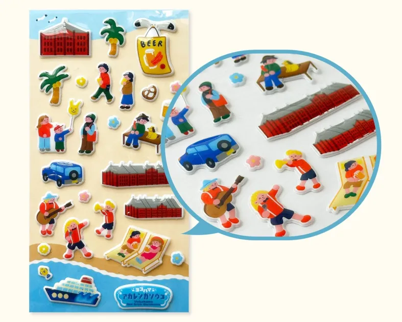 シール,横浜,赤レンガ倉庫,観光,旅行,人物,建物,車,船,ヤシの木,ビール,プレッツェル,ビーチチェア,イラスト,かわいい