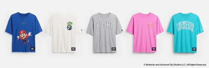 スーパーマリオシリーズのキャラクターがデザインされた5種類のTシャツ