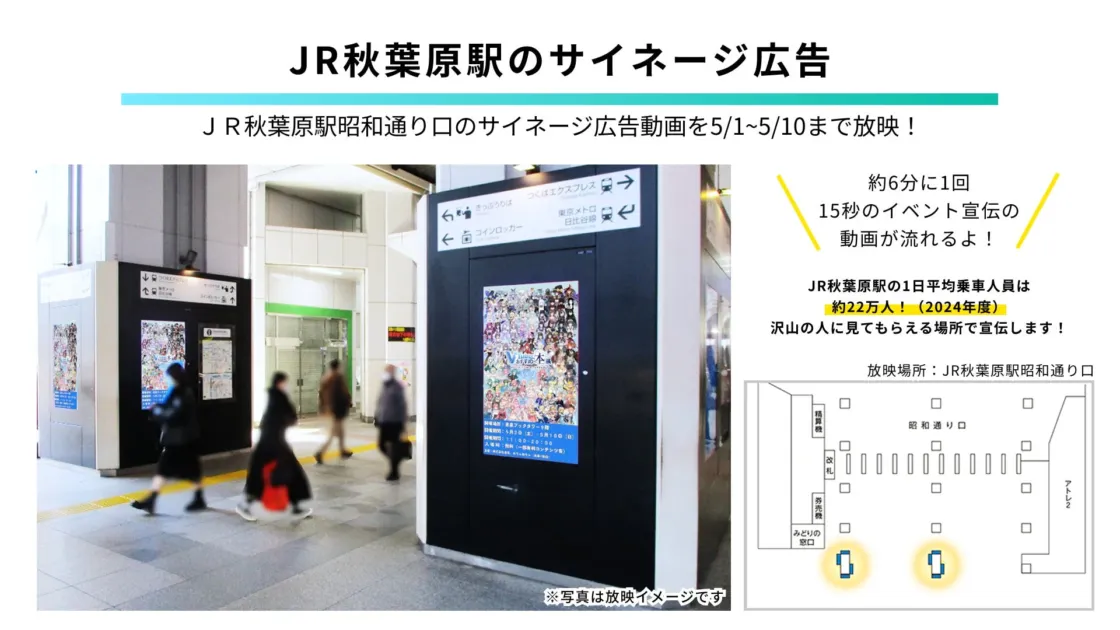 JR秋葉原駅のサイネージ広告 JR秋葉原駅昭和通り口のサイネージ広告動画を5/1~5/10まで放映！ 約6分に1回 15秒のイベント宣伝の動画が流れるよ！ JR秋葉原駅の1日平均乗車人員は 約22万人！ (2024年度) 沢山の人に見てもらえる場所で宣伝します！ 放映場所: JR秋葉原駅昭和通り口 きっぷうりば つくばエクスプレス 東京メトロ 日比谷線 コインロッカー LUPINUS V おすすめ本 開催場所: 書泉ブックタワー1階 開催期間: 5月2日 (土) - 5月16日 (日) 時間: 11:00-20:00 備考: 特典 (一部有料コンテンツ有) 精算機 改札 みどりの窓口 昭和通り口 アトレ2 ※写真は放映イメージです