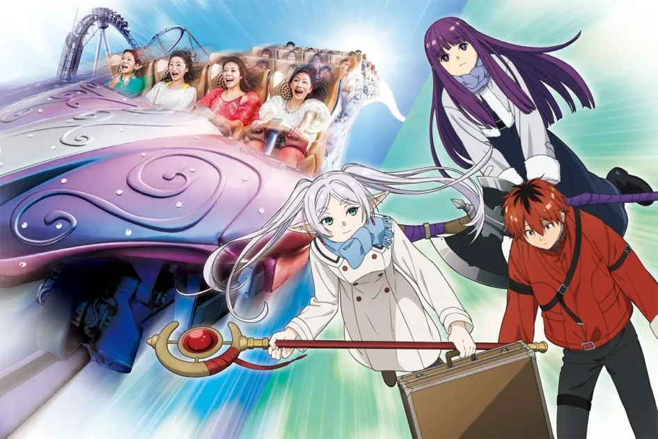 人気アニメのキャラクターとジェットコースターに乗って楽しむ人々が描かれた、遊園地のアトラクションコラボレーションを想起させるイラストです。