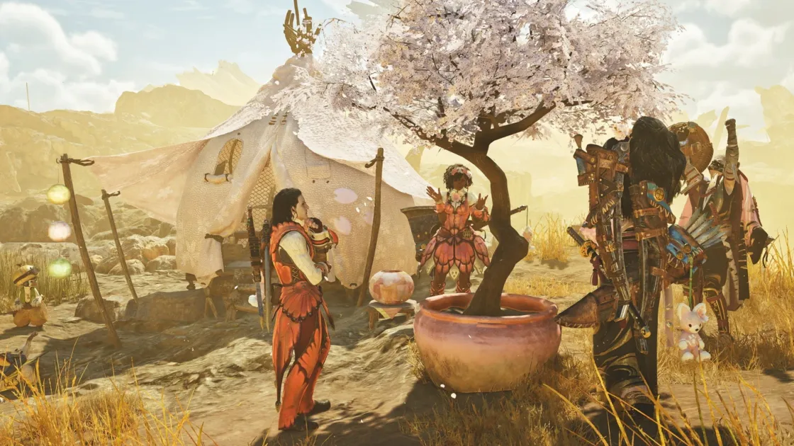 砂漠の桜とテントのファンタジーキャラクター