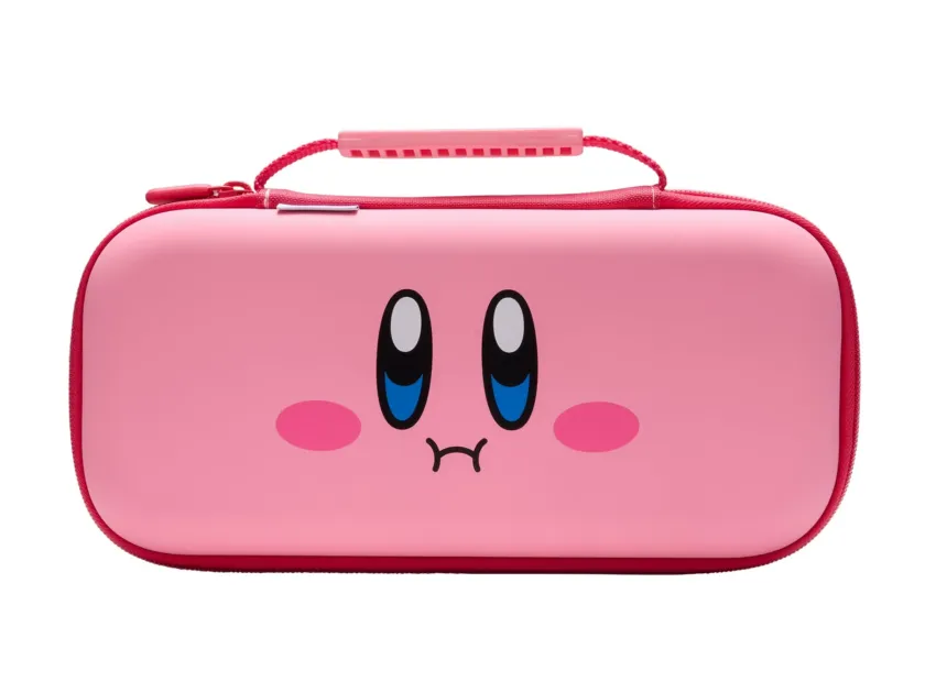 星のカービィの顔がデザインされた、ピンク色の可愛らしいキャリングケースです。