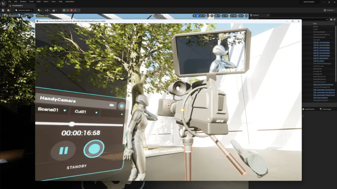Unreal Engineのような開発環境で仮想空間のロボットを撮影するシーン