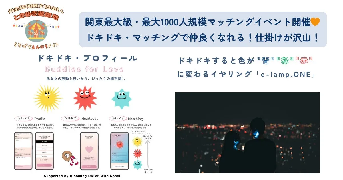 心拍数やプロフィールを基にAIが相性の良い相手を探し、ドキドキ度で色が変わるイヤリング「e-lamp.ONE」を通じて新しい出会いを創出する、ユニークな恋愛マッチングサービスを提案