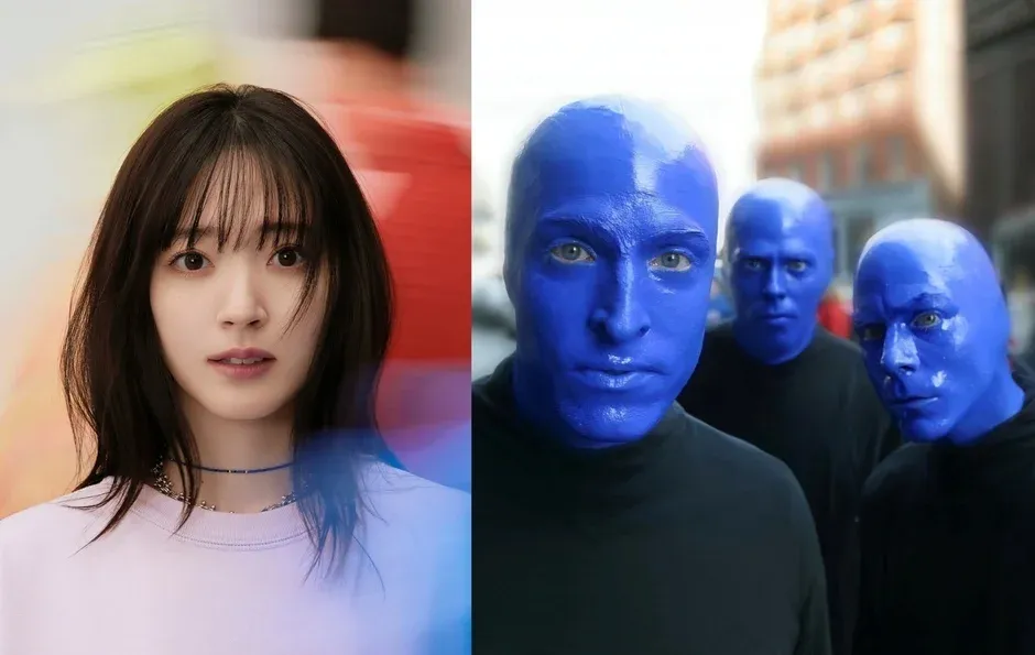 女性のポートレートとブルーマン・グループの3人のメンバー