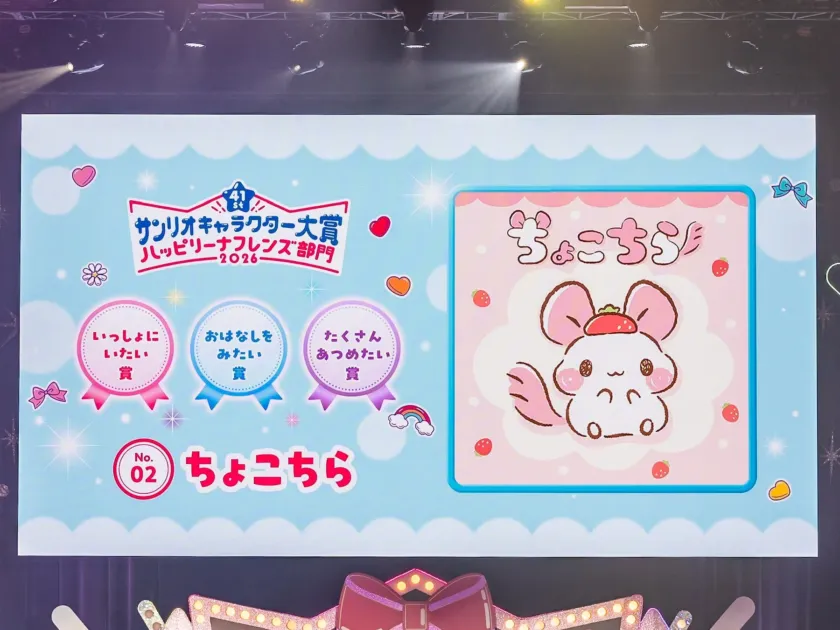 サンリオキャラクター大賞「ハッピーリーナフレンズ部門 2026」の結果を示すスクリーン画像です。「いっしょにいたい賞」「おはなしをみたい賞」「たくさんあつめたい賞」の3つの賞と、エントリーNo.02のキャラクター「ちょこちら」が、いちごのイラストとともに可愛らしく描かれています。
