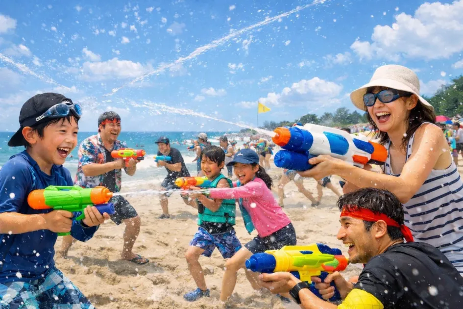 水鉄砲で遊ぶ人々