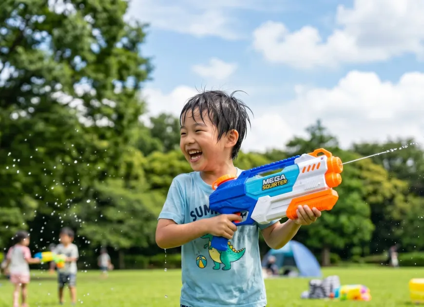 水鉄砲で遊ぶ男の子