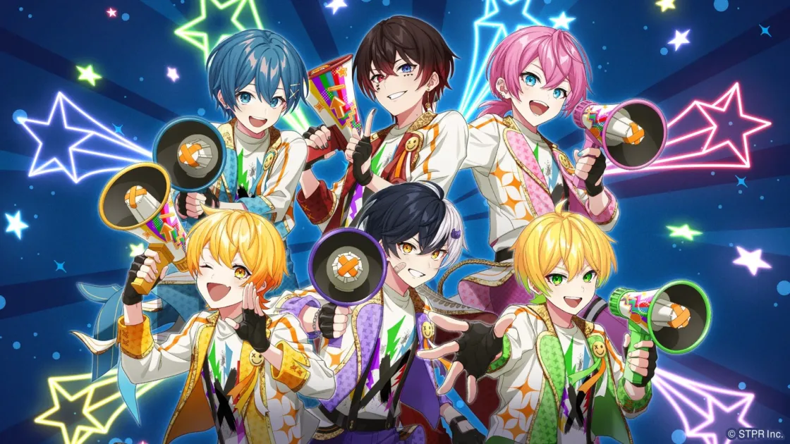 カラフルな拡声器を持った6人の男性アニメキャラクター